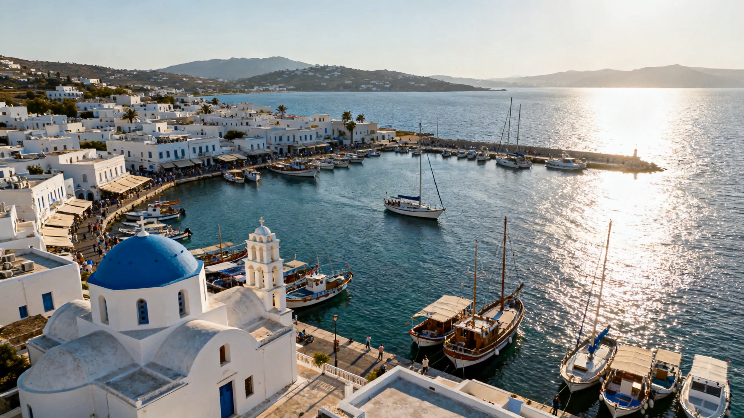 Whitewashed buildings and blue-domed churches fringe a bustling harbor filled with boats under intense Aegean sunlight on Paros island