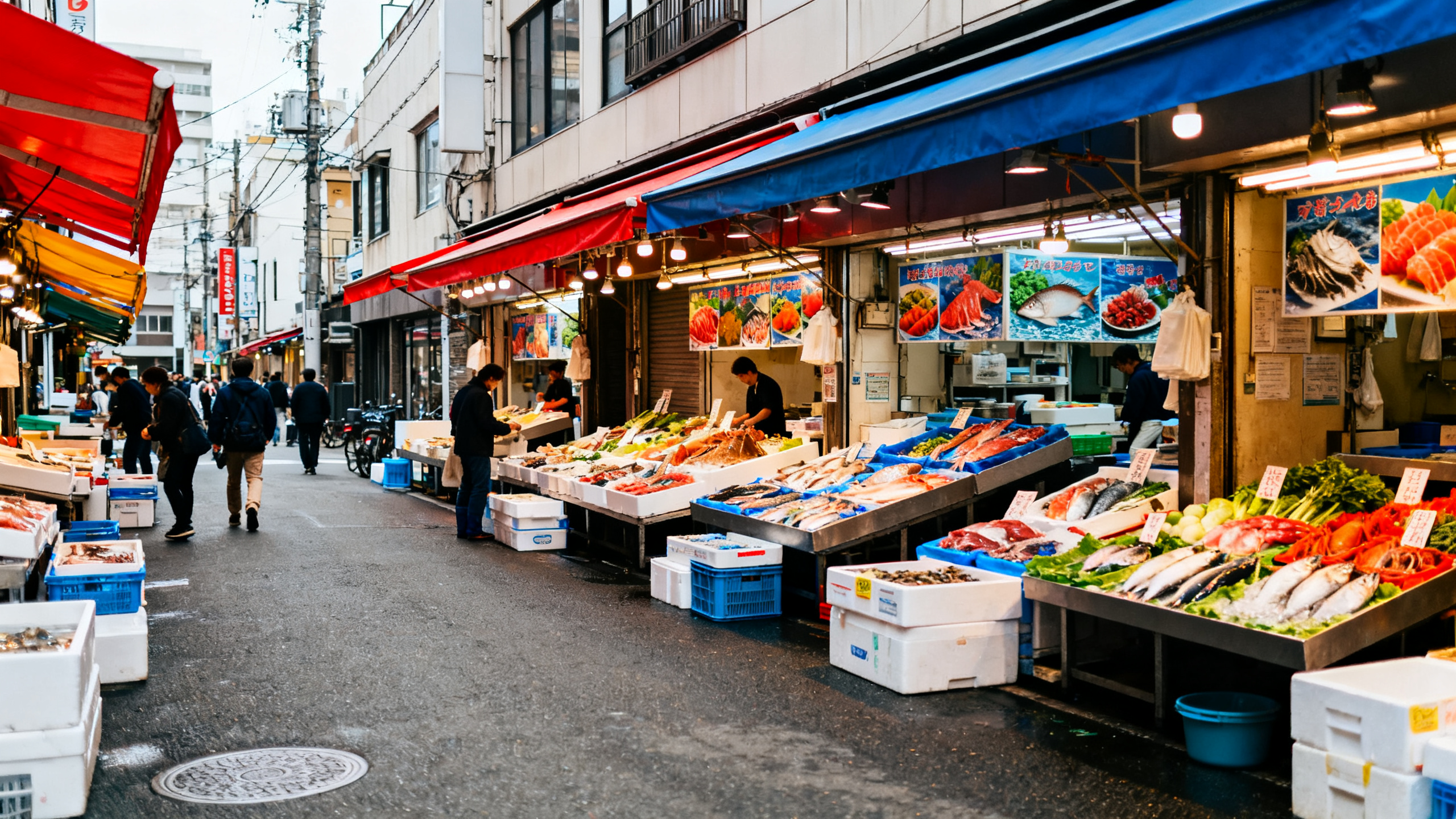 Bustling street market in Tokyo with vendors selling fresh seafood and colorful produce under vibrant awnings