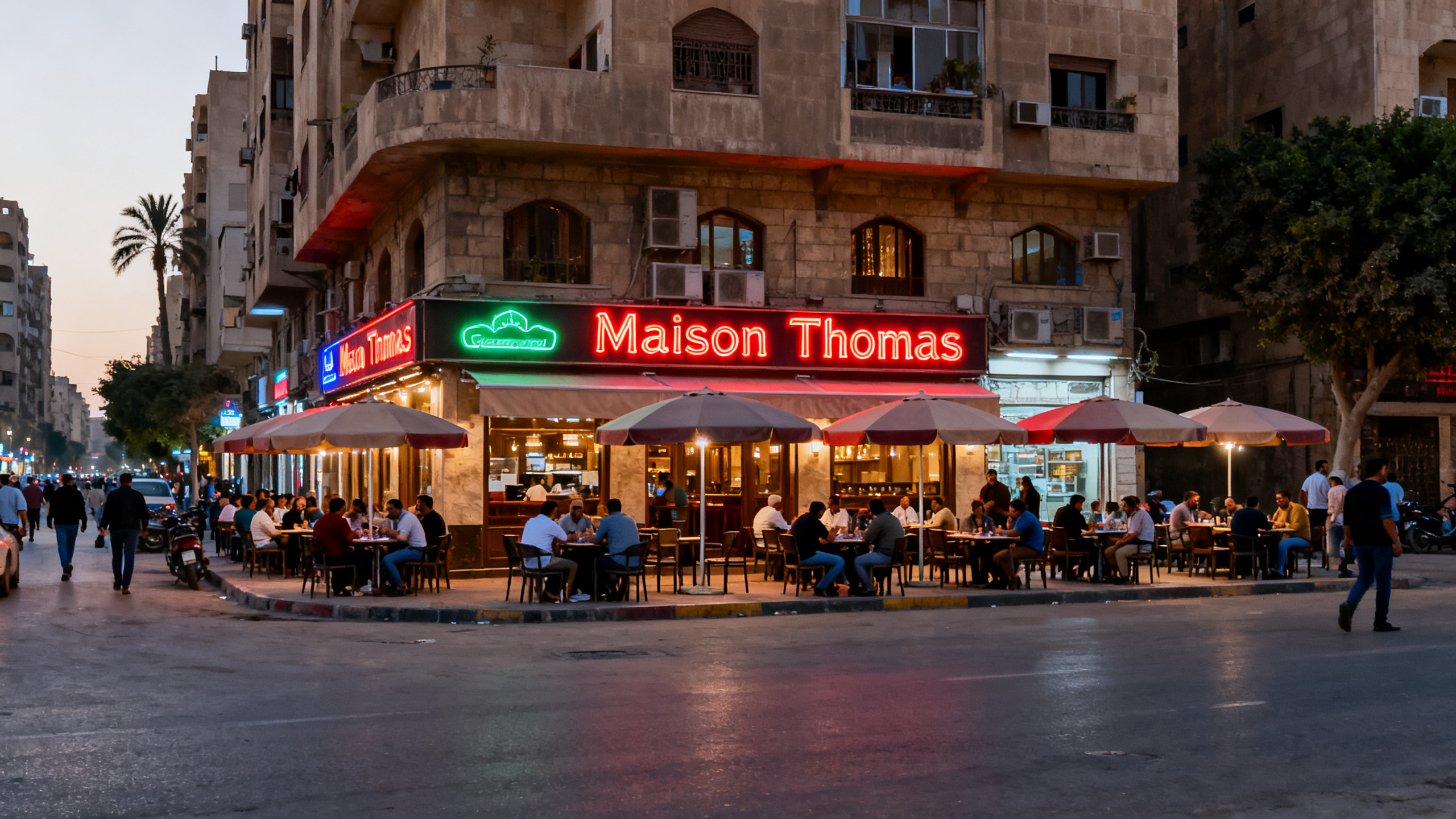 Bustling street-side view of Maison Thomas with neon signs and patrons sitting under umbrellas during a busy Cairo evening