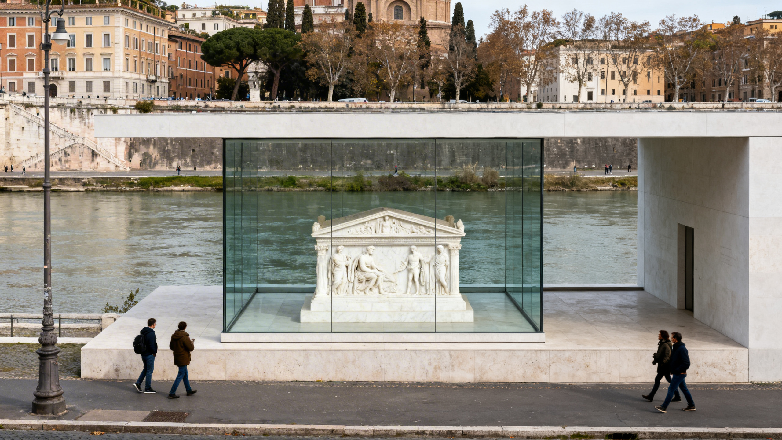 The white marble altar reliefs housed behind glass in a modern museum structure on the banks of the Tiber River