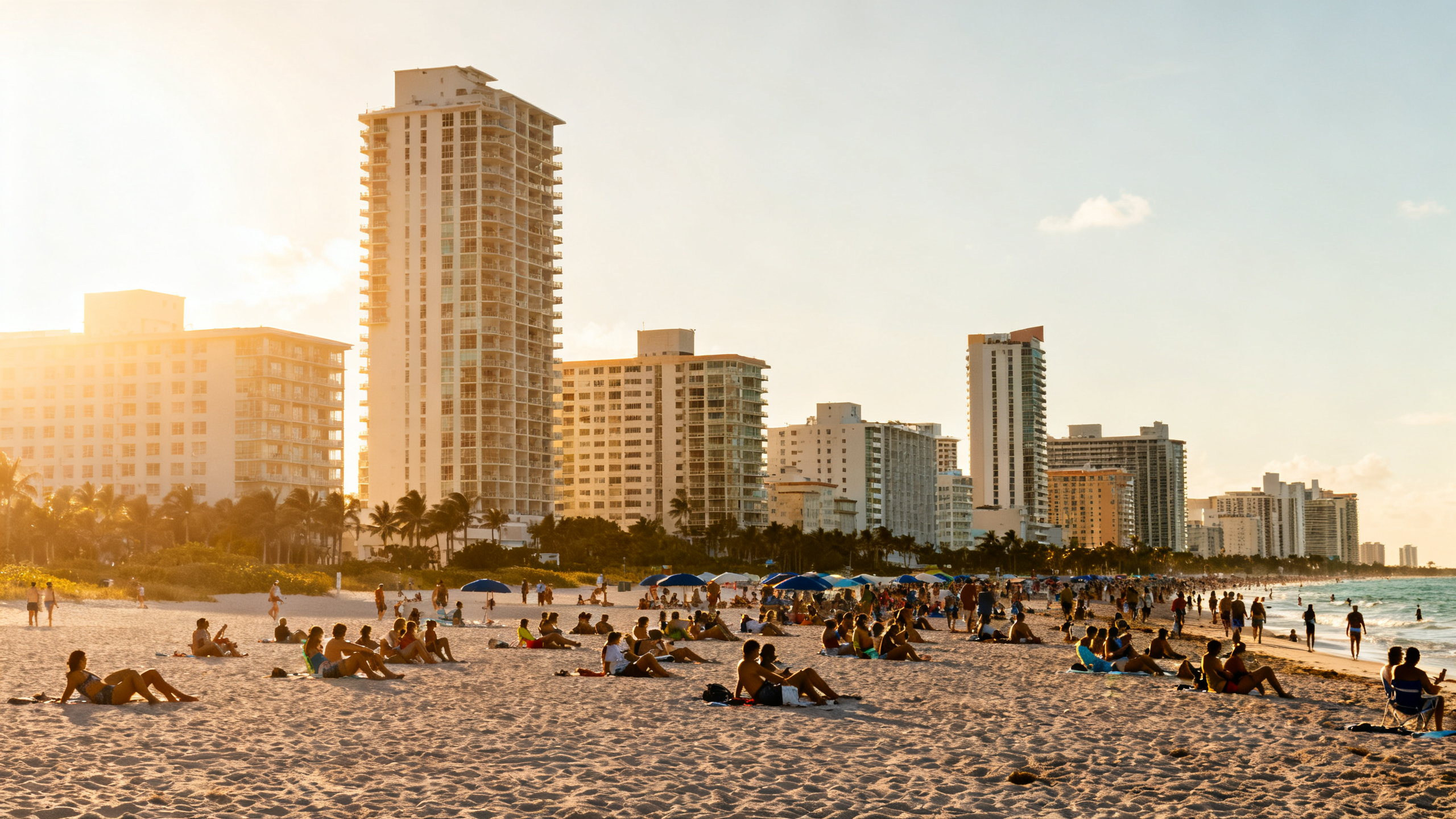 Crowded beach lined with high-rise hotels and crowded sunbathers under a glaring midday sun on Miami Beach