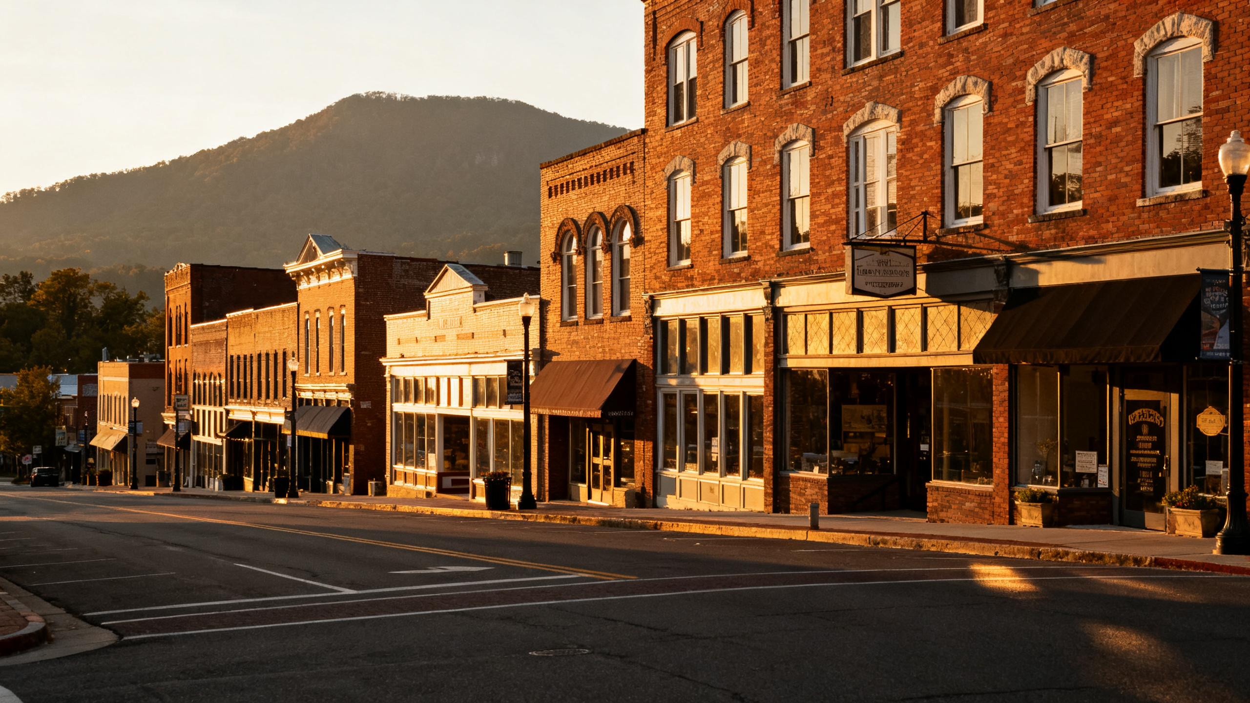 Rustic brick storefronts and mountain views along a lively but small downtown street in Asheville