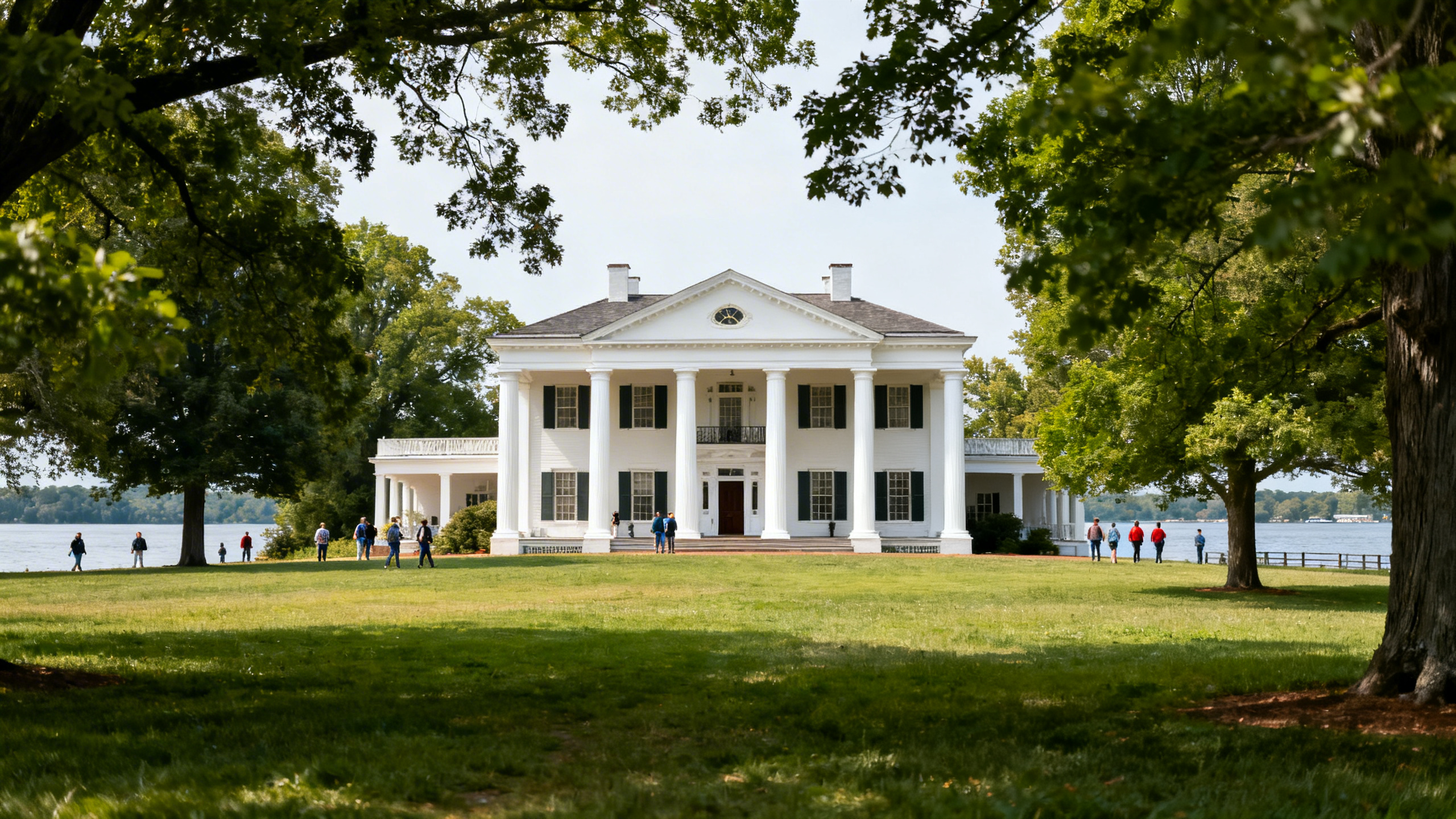 The white-columned mansion of George Washington’s Mount Vernon estate set on the banks of the Potomac River framed by greenery