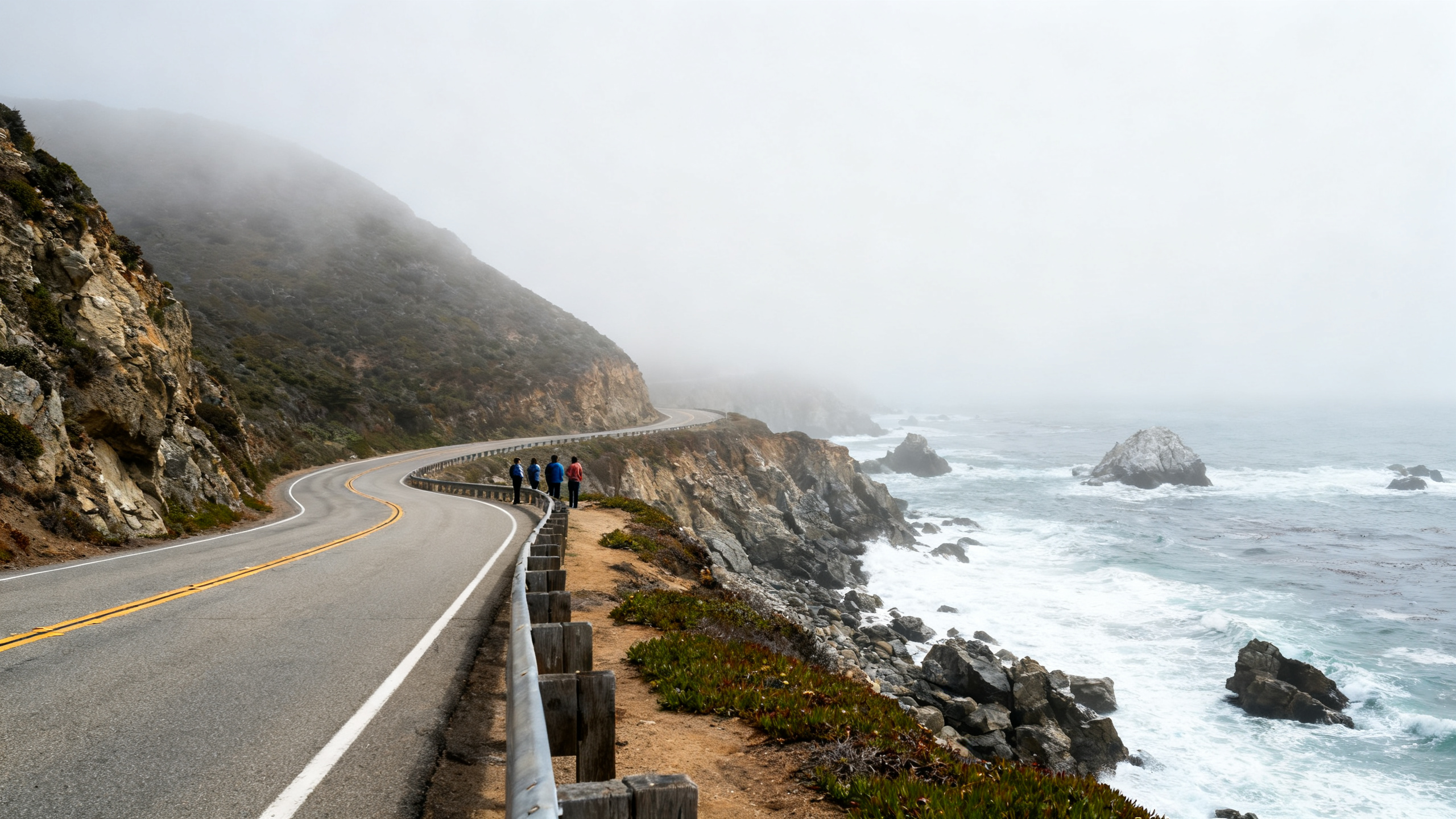 A foggy stretch of winding highway along the rocky California coastline with waves crashing below and sparse viewers by the roadside.