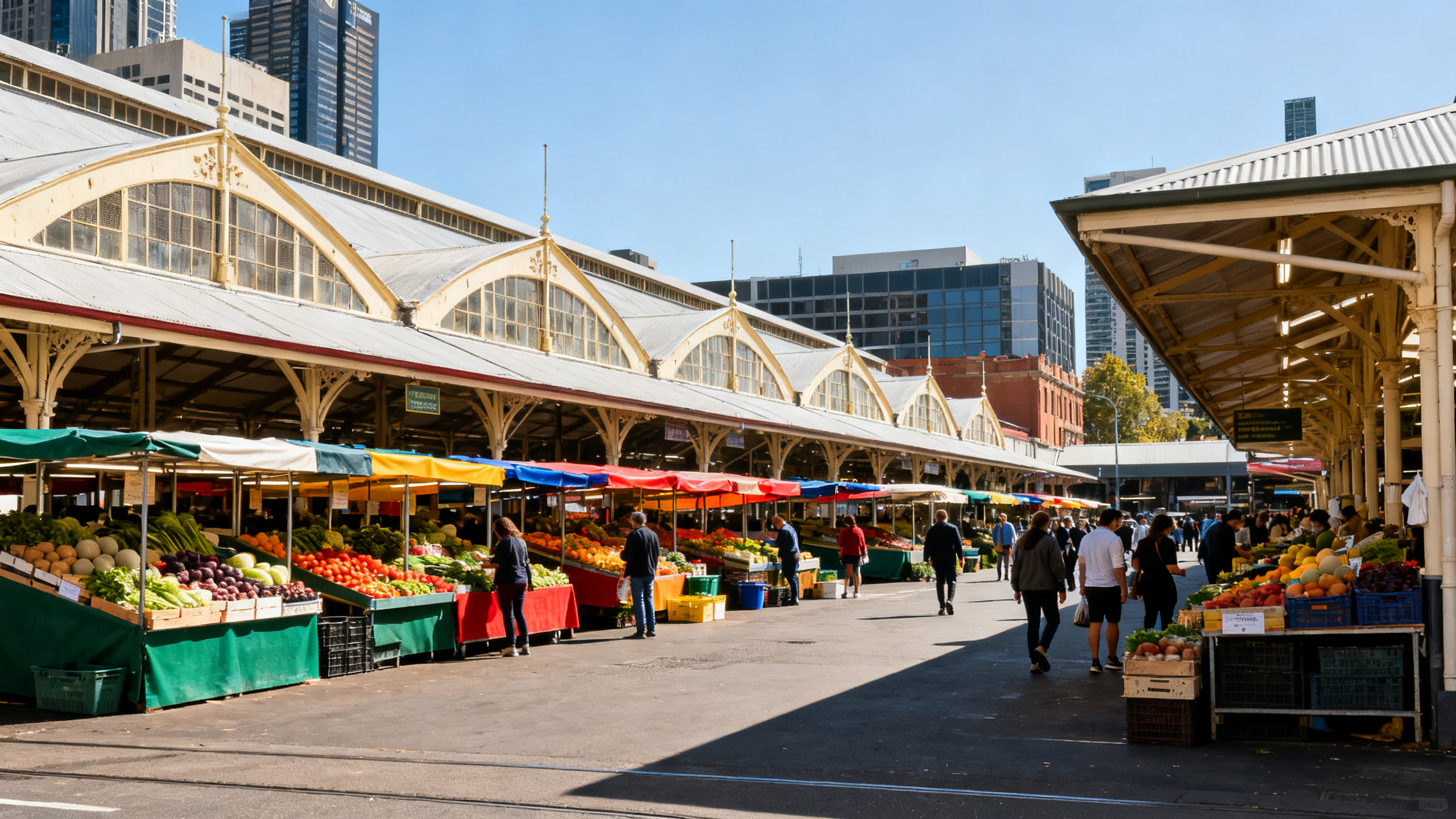 Expansive outdoor market space with historic sheds, colorful produce stands, and shoppers in a sunny Melbourne day