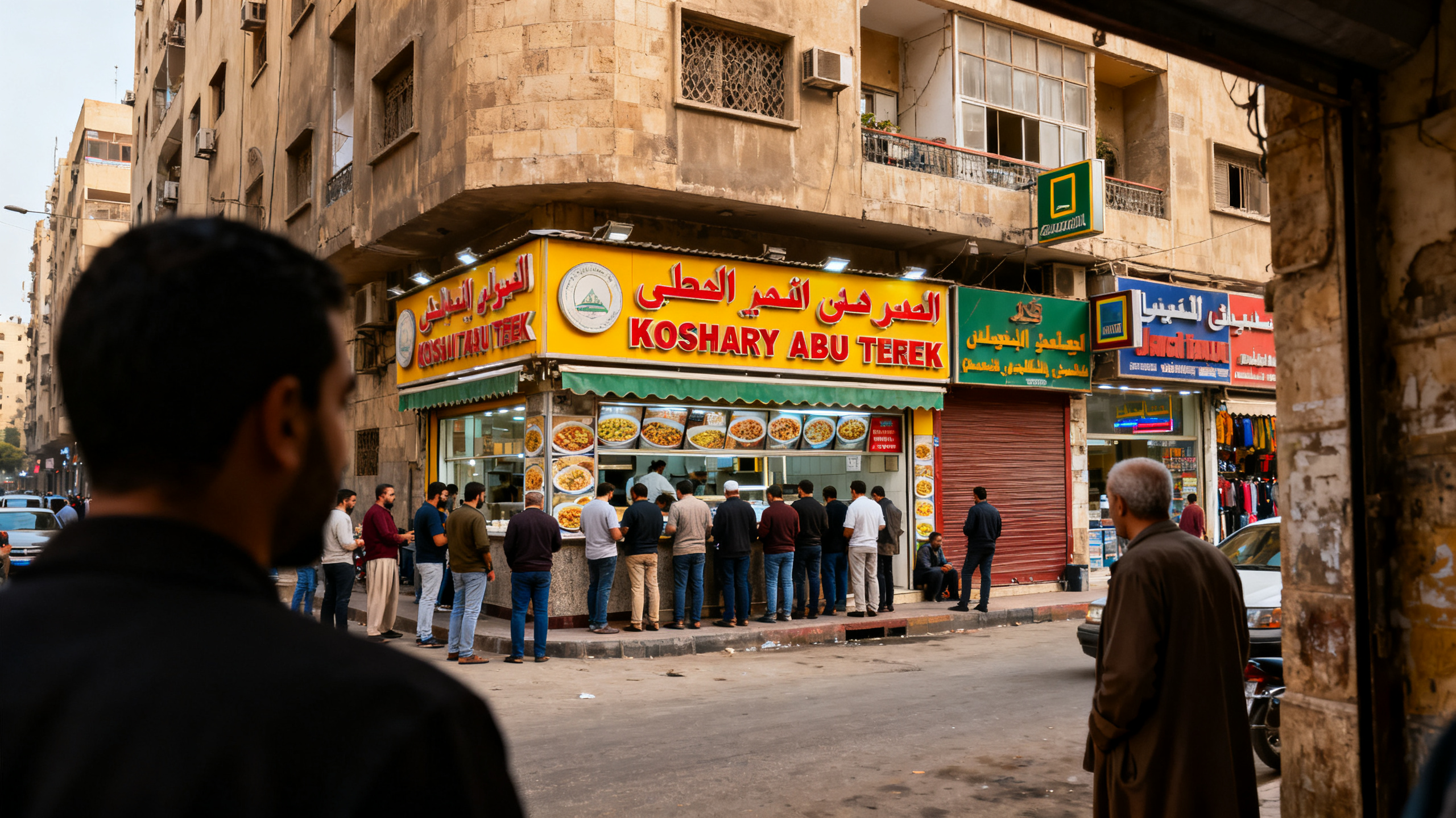Bustling street-front of Koshary Abou Tarek with queues of locals and colorful storefront signs in downtown Cairo