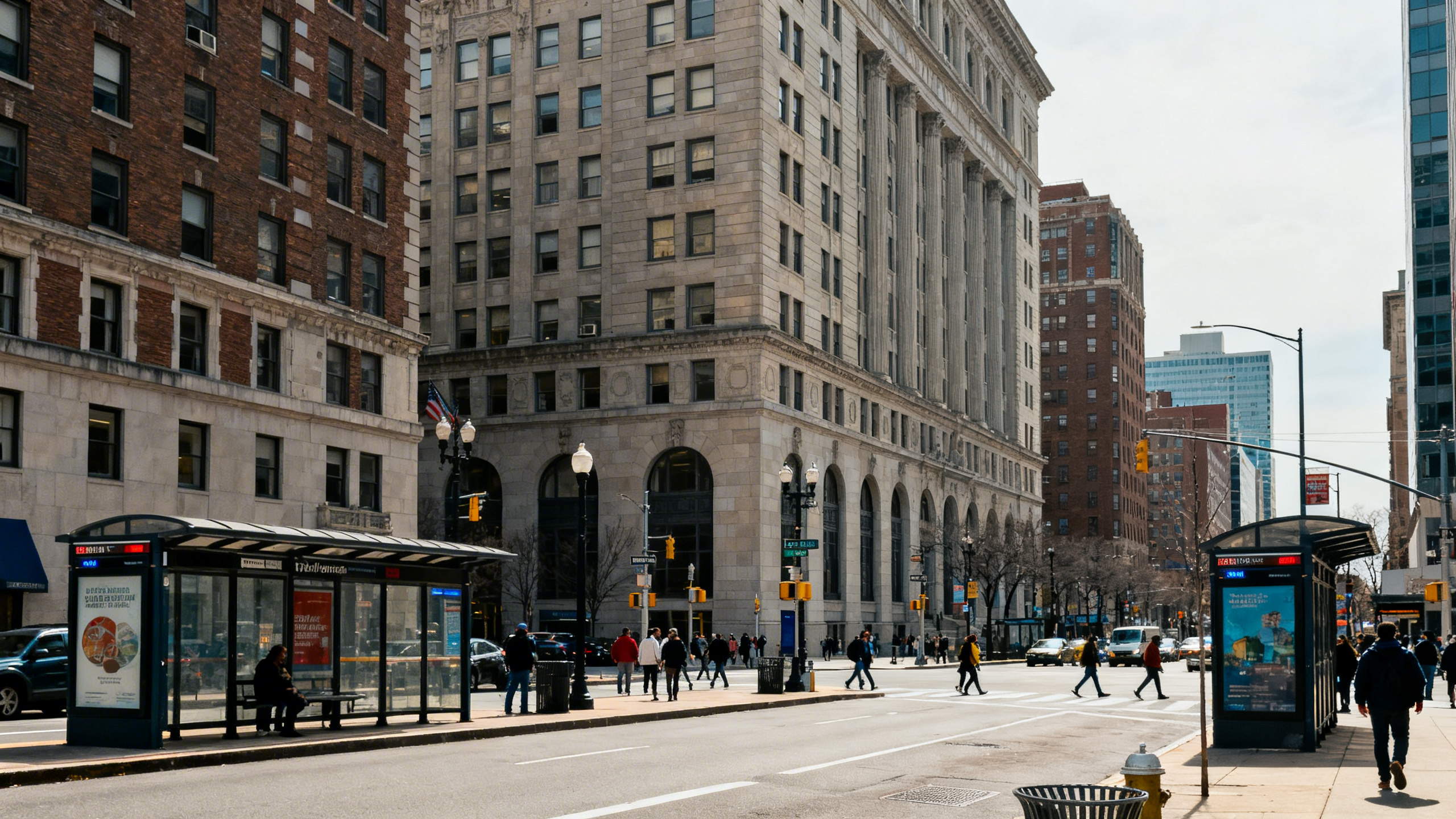 Urban streetscape of downtown Newark featuring municipal buildings, busy sidewalks, and public transit stops
