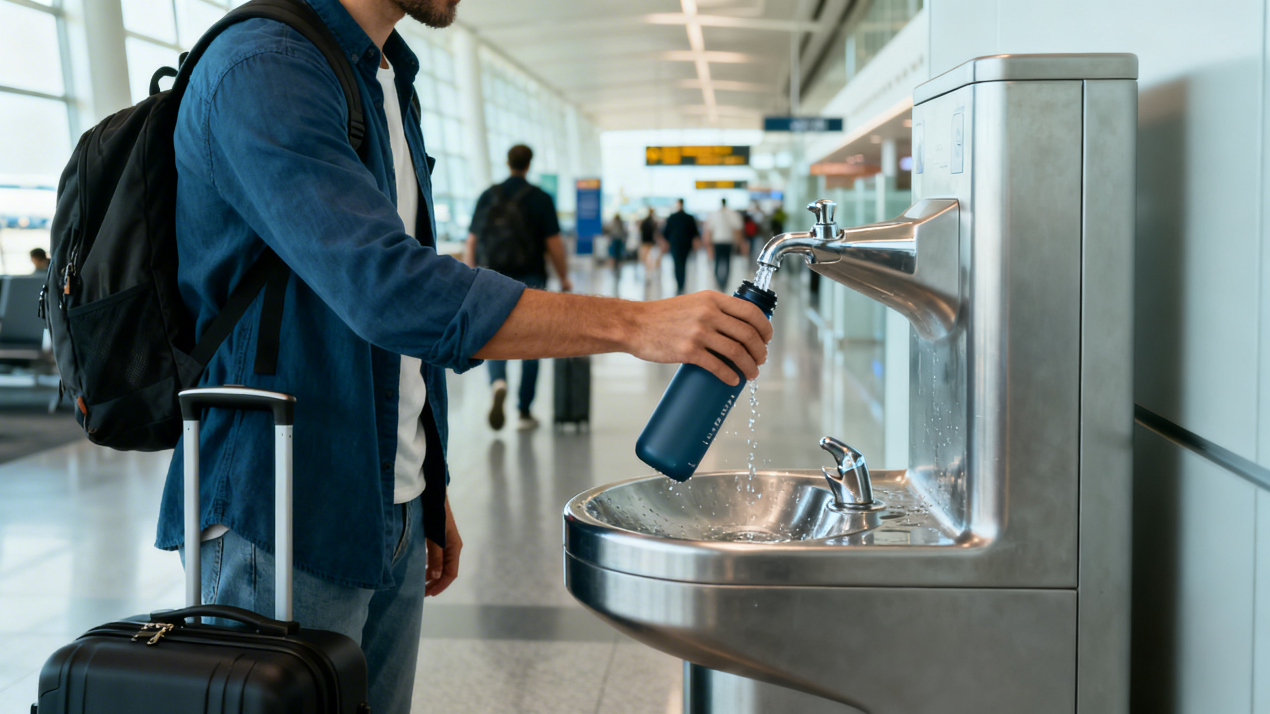 Traveler filling a reusable water bottle at an airport water fountain before boarding