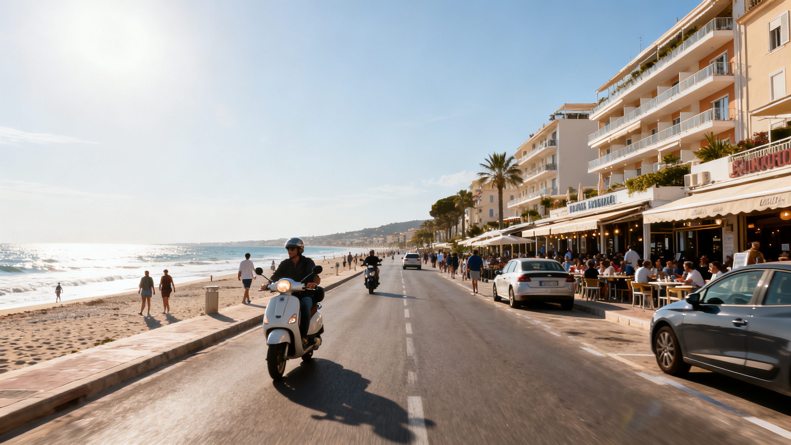 A bustling coastline with scooters and cars moving by crowded beachfront cafes and hotels under a bright sun.