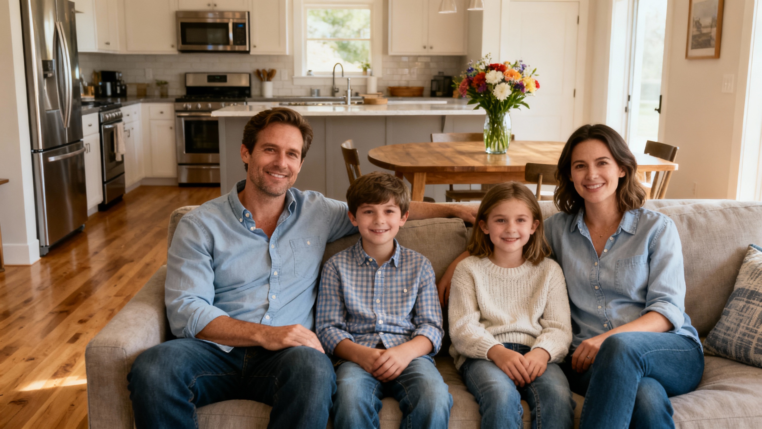 spacious Airbnb living room with kitchen