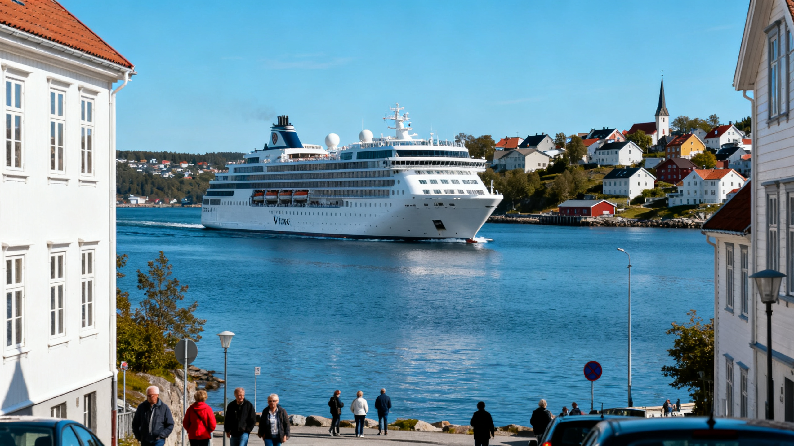 A sleek white Viking cruise ship cruising calm coastal waters beneath a bright blue sky, set against a backdrop of quaint European seaside towns.