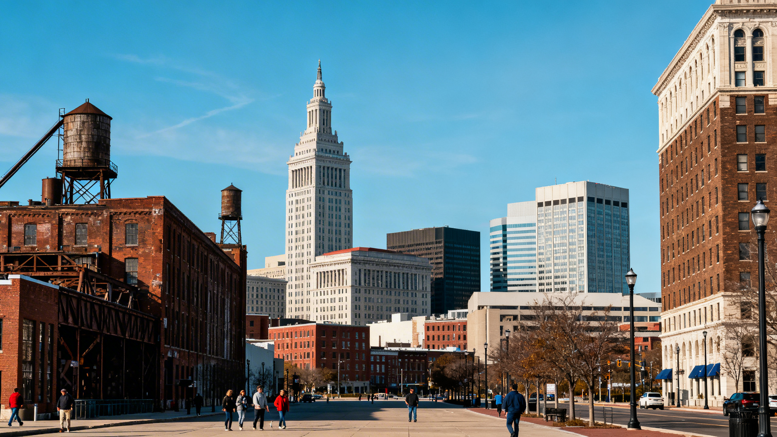 Cleveland’s downtown skyline along Lake Erie with a mix of old industrial buildings and modern towers under a blue sky