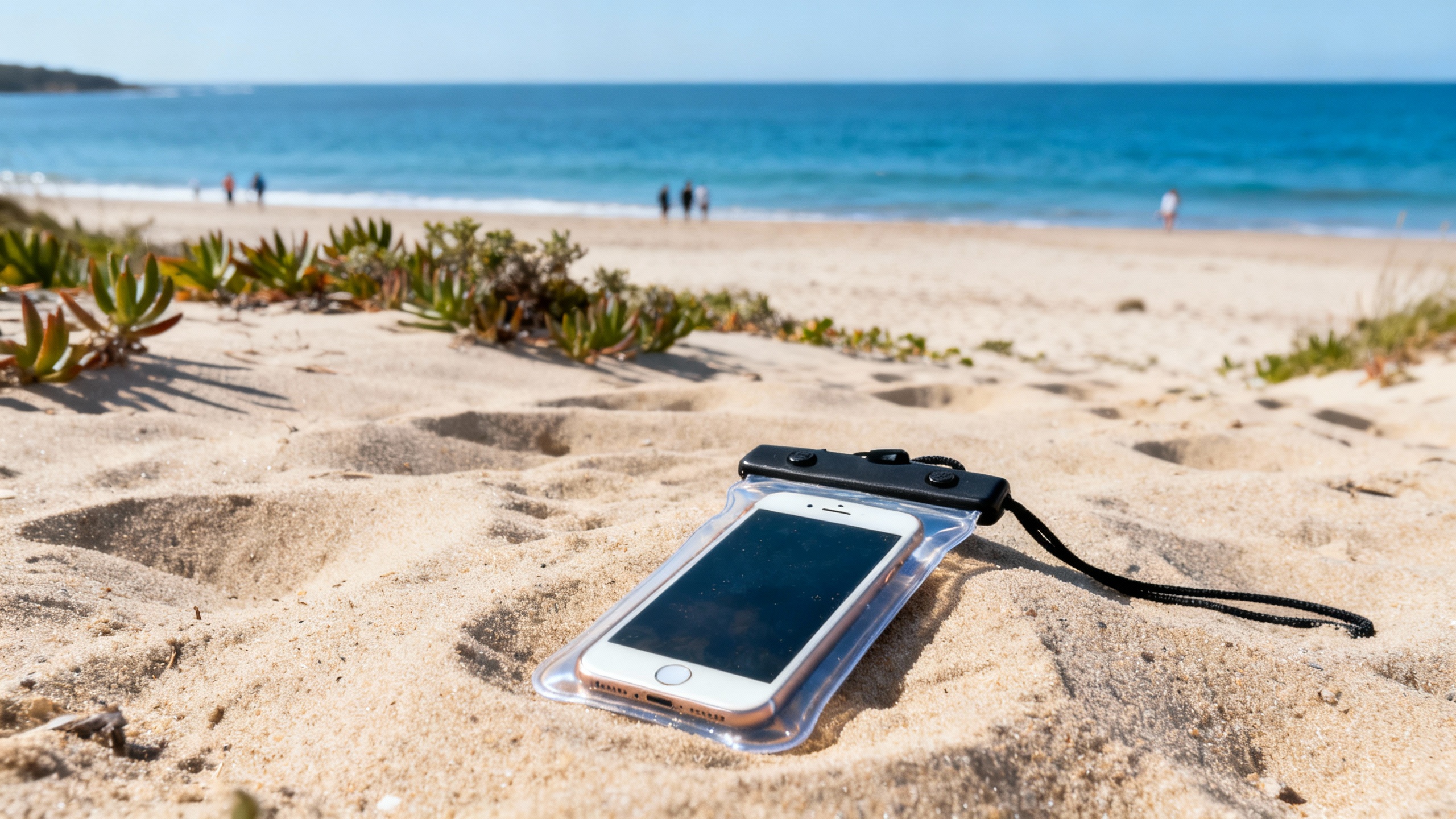 smartphone in waterproof pouch at beach