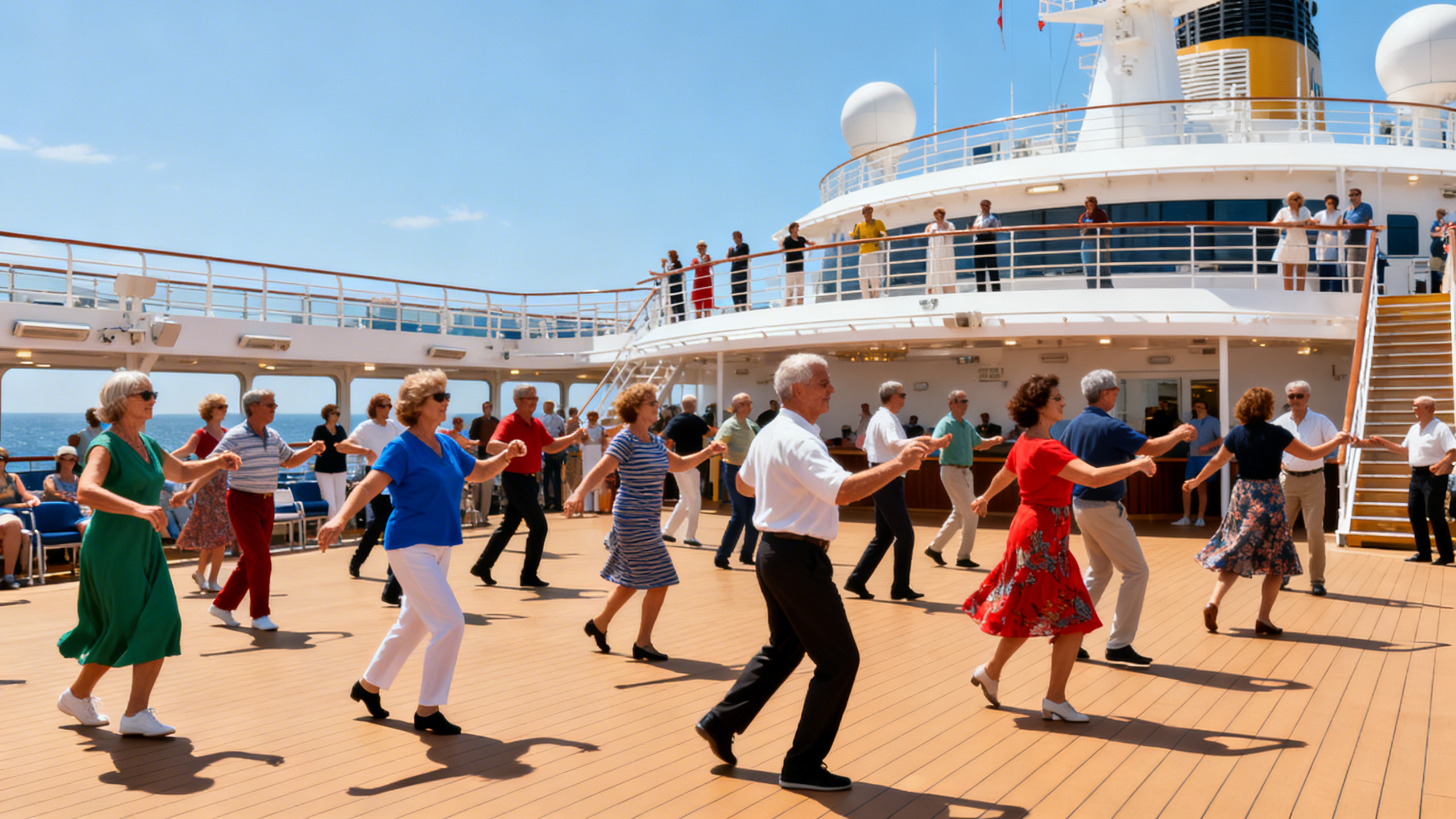 A lively cruise ship deck showing passengers participating in a dance class under sunny skies