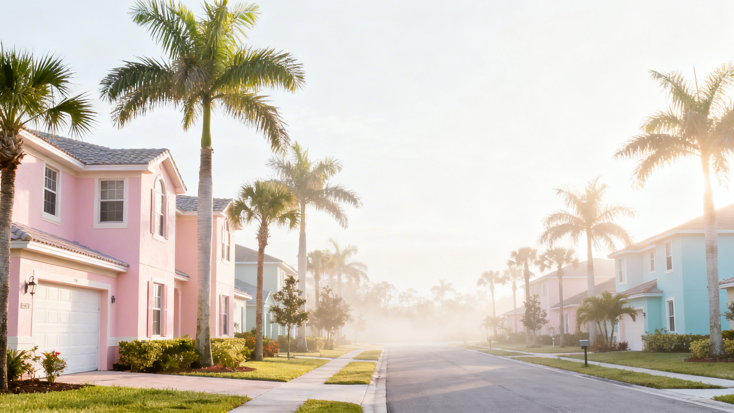 Suburban streets lined with palm trees and pastel-colored homes under bright sunshine in Port St. Lucie, Florida