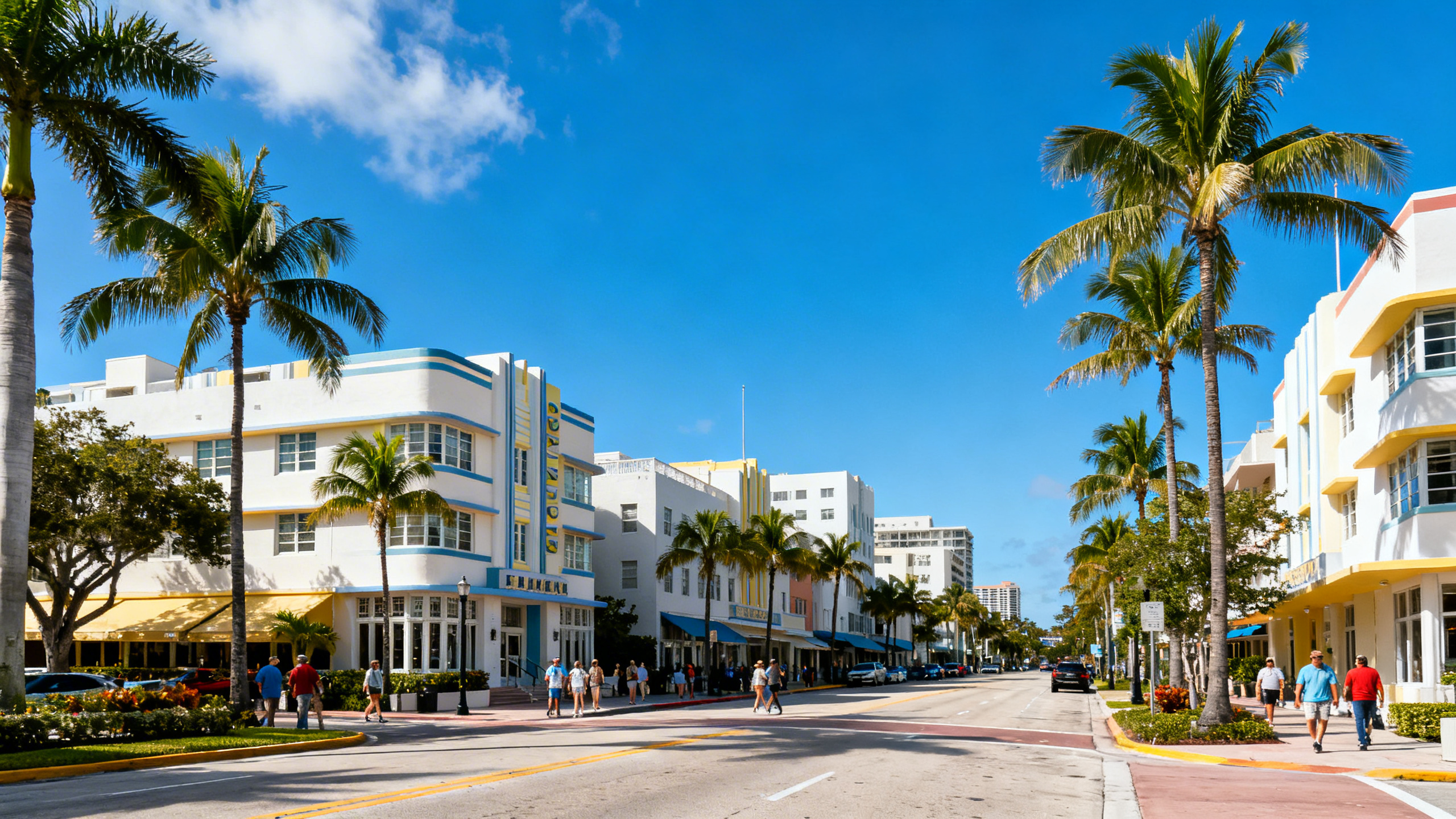 Palm tree-lined streets with art deco buildings and sunny blue sky in downtown West Palm Beach