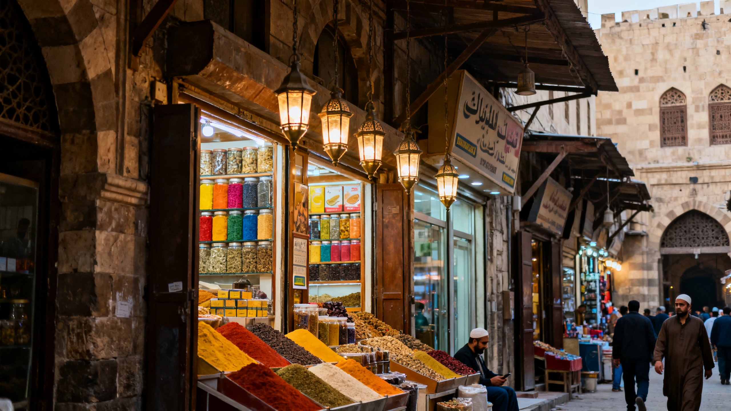Ancient bazaar alley lit by lanterns with spice stalls and busy shopfronts in Cairo’s Khan el-Khalili