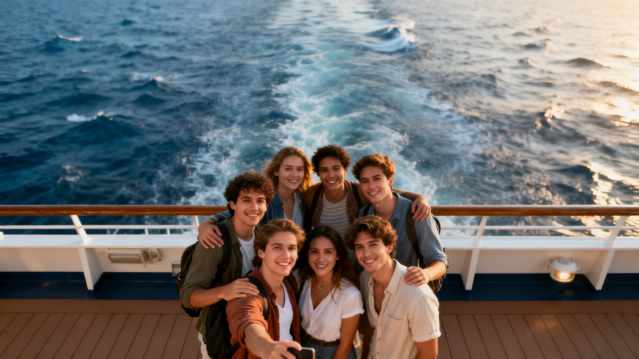 A group of friends posing for a photo on a ship’s deck with the ocean as a backdrop