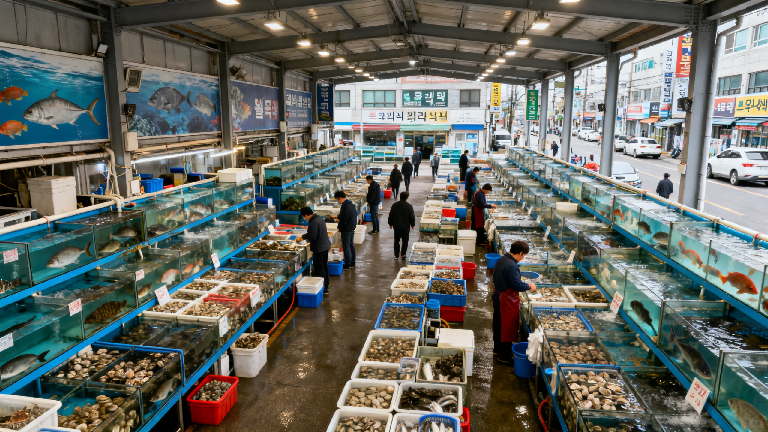 Vast indoor seafood market with rows of tanks and vendors showcasing fresh fish and shellfish in Seoul