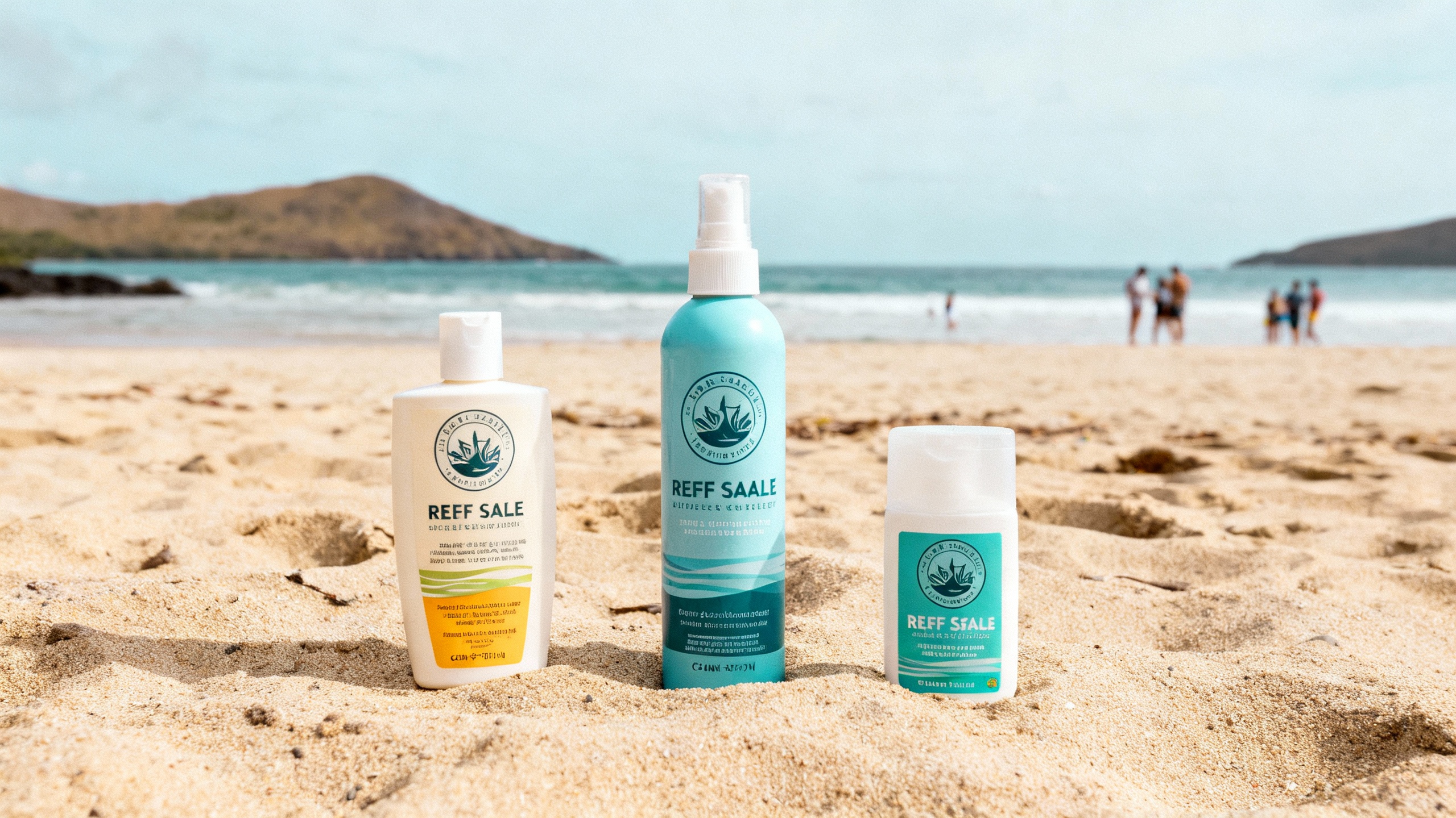 bottles of reef-safe sunscreen on sandy beach