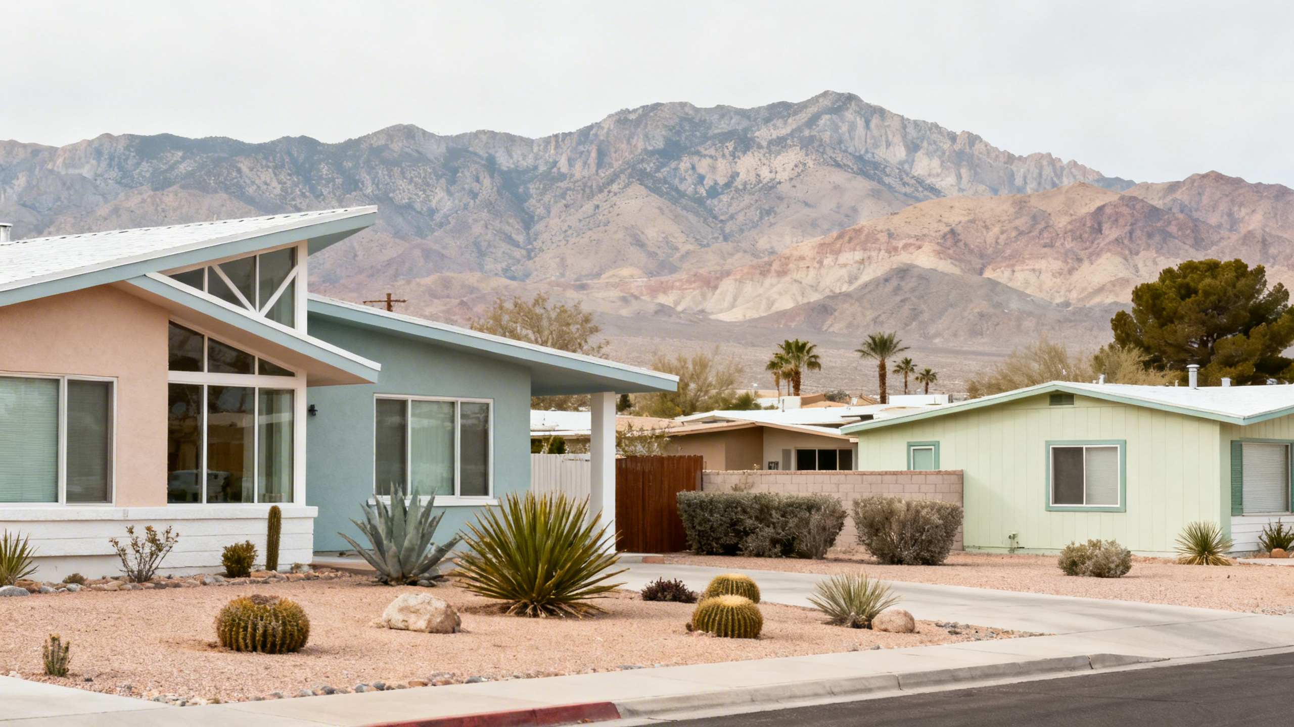Residential neighborhoods with mid-century style homes and tidy yards set against the backdrop of arid mountains near Las Vegas.