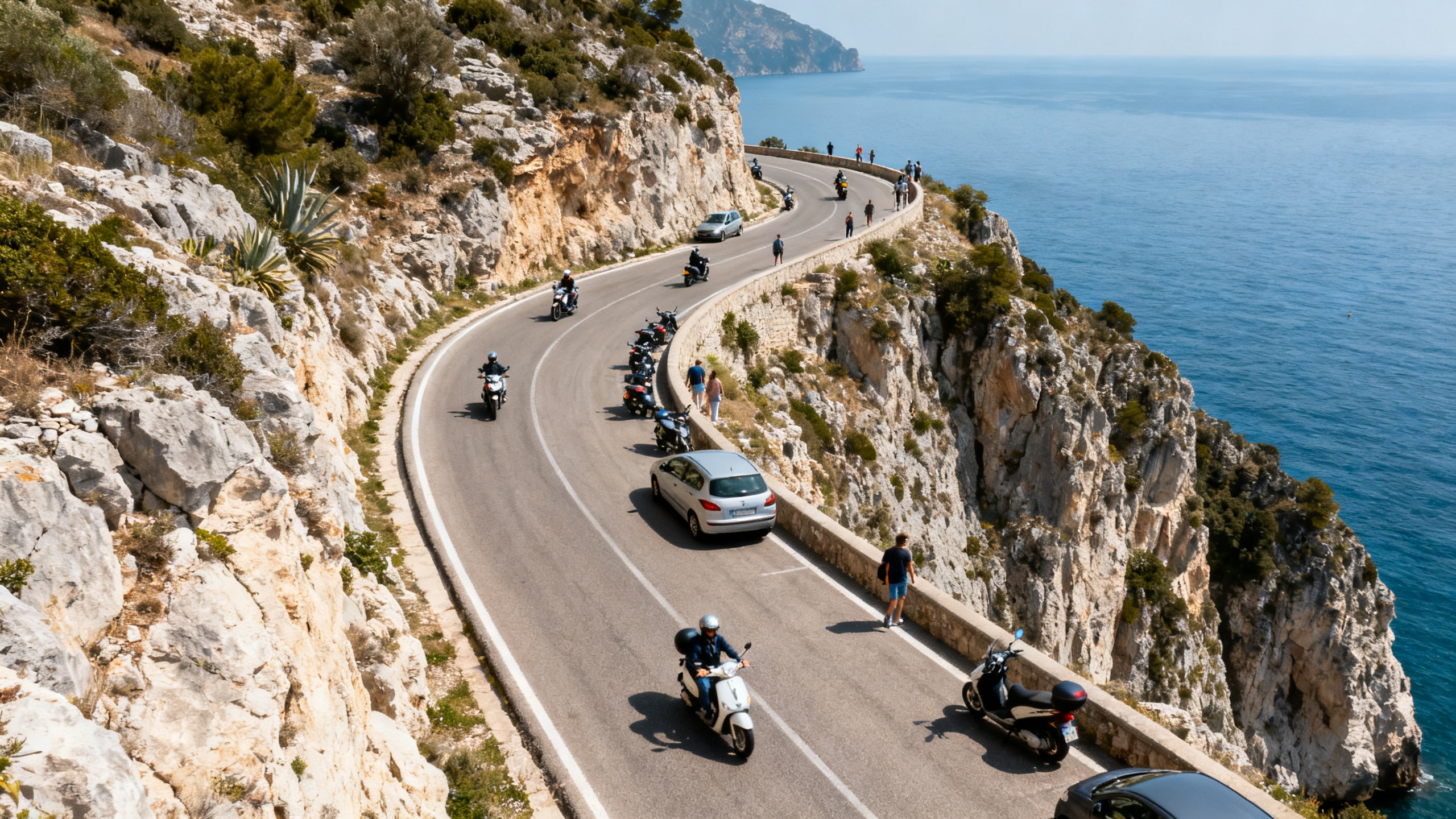 A winding cliffside road with panoramic views of the Mediterranean Sea, dotted with motorbikes and tourists.