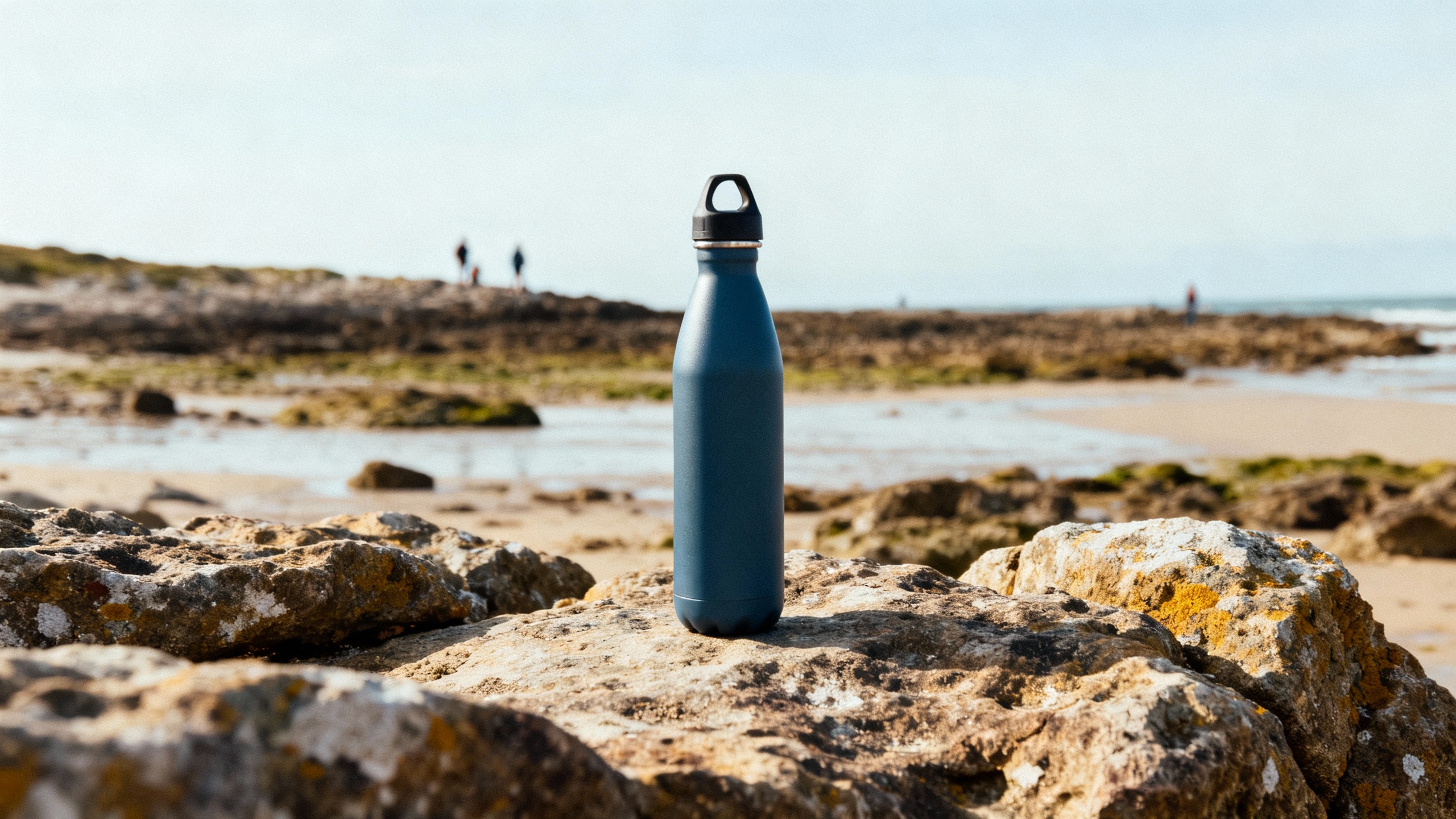 reusable water bottle on beach rocks