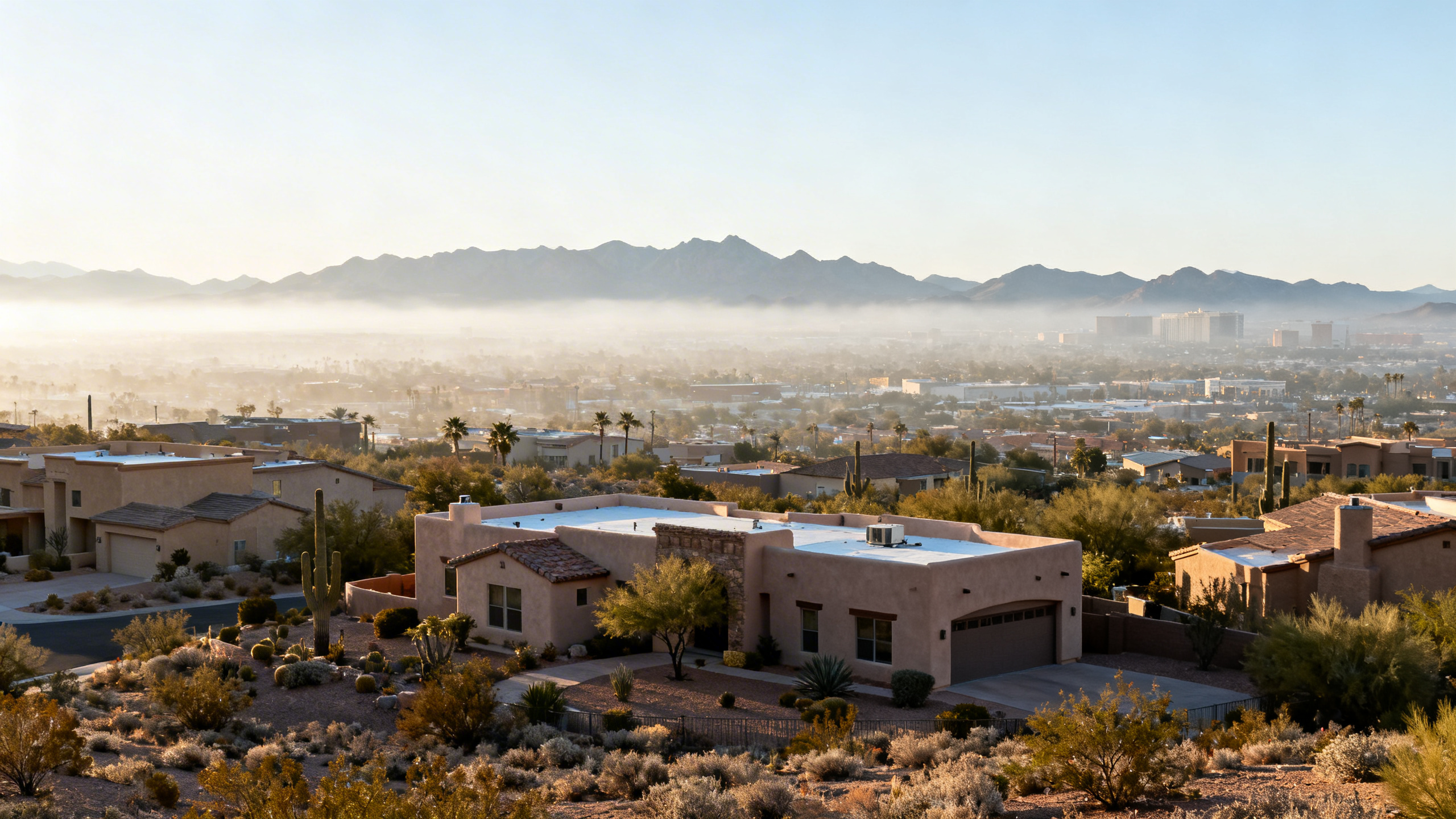 Suburban homes with desert landscaping and southwestern architecture, backed by distant mountains and a clear sky.