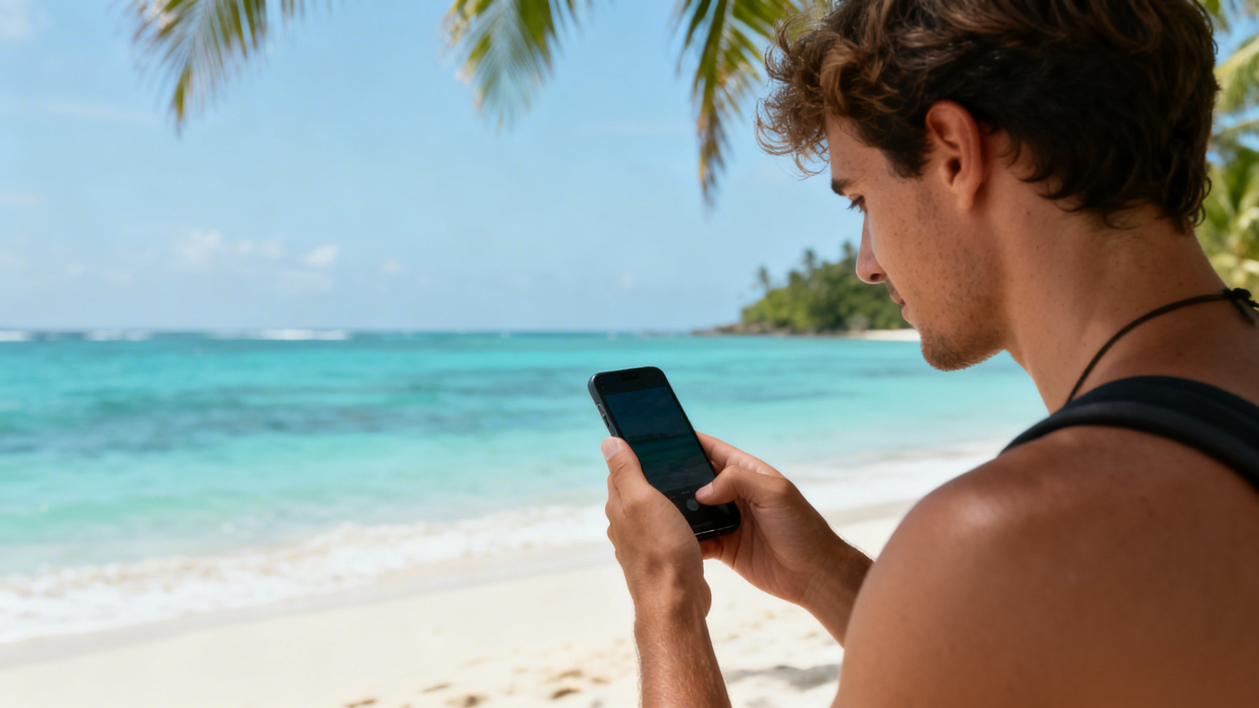 A traveler on a beach holding a smartphone with a tropical sea in the background