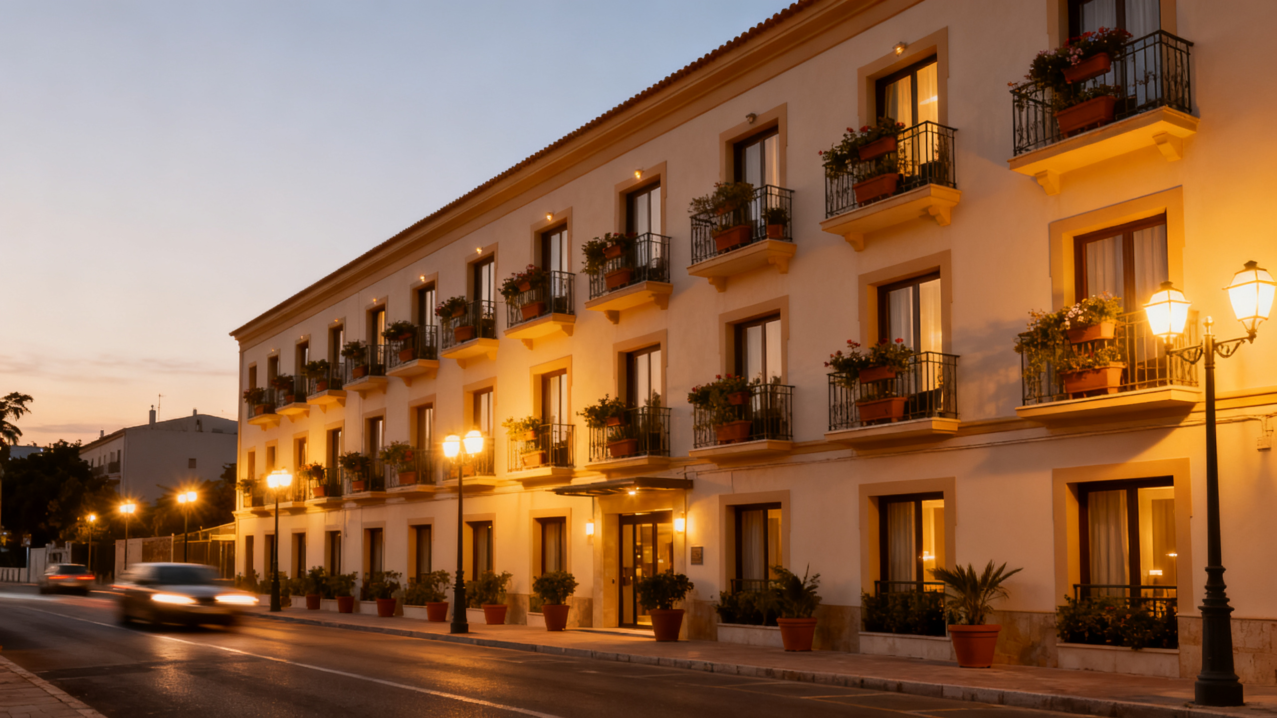 Exterior view of a mid-sized hotel with balconies and streetlights glowing at dusk.