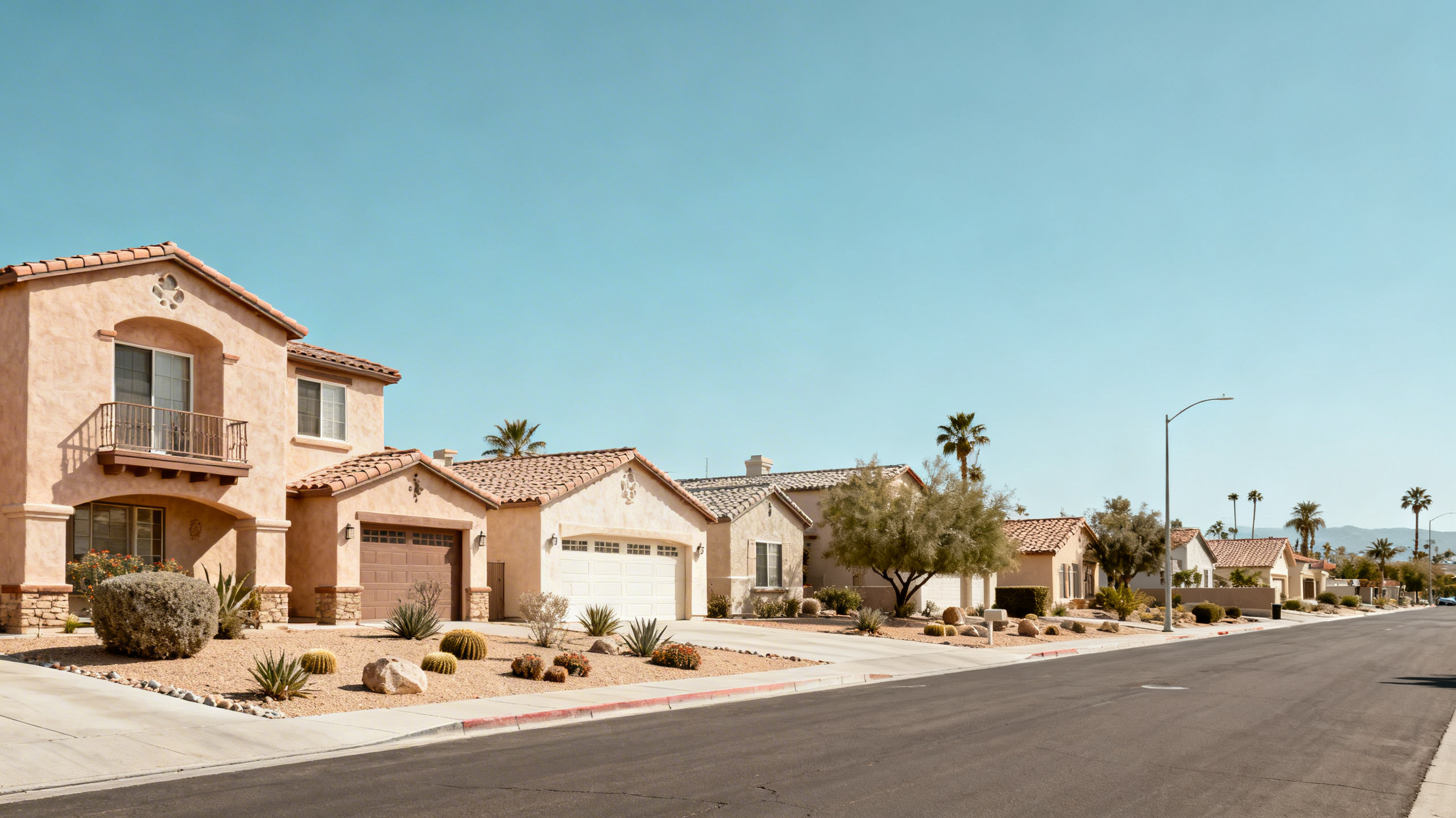 Residential streets with stucco homes and desert landscaping typical of Riverside, set against clear blue skies.